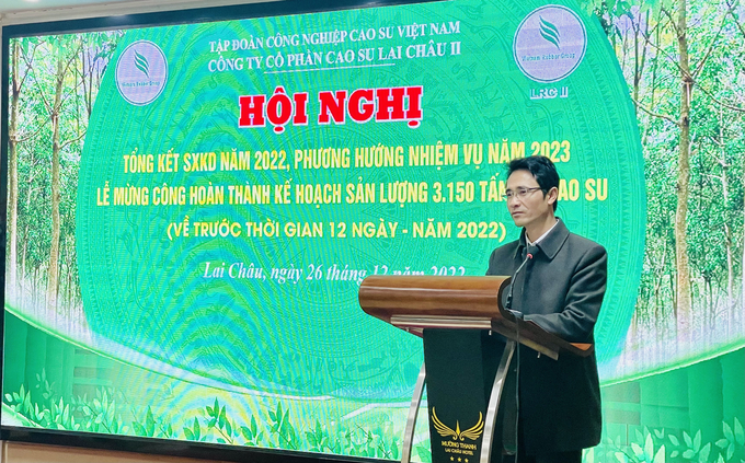 Ông Hà Trọng Hải, Phó Chủ tịch UBND tỉnh Lai Châu phát biểu chỉ đạo tại hội nghị tổng kết của Công ty Cổ phần Cao su Lai Châu 2. Ảnh: H.Đ.