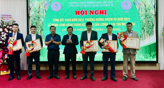 Tập đoàn Công nghiệp Cao su Việt Nam tặng bằng khen cho cán bộ, người lao động Công ty Cổ phần Cao su Lai Châu 2. Ảnh: H.Đ.