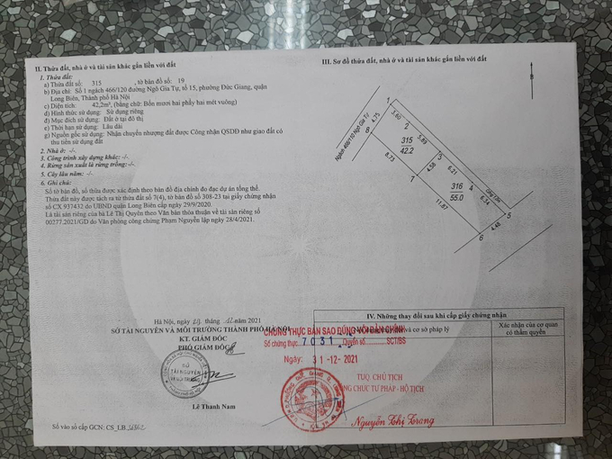 Giấy chứng nhận quyền sử dụng đất thể hiện thửa đất 315 của bà Quyên có địa chỉ tại Số 1 Ngách 466/120 đường Ngô Gia Tự, tổ 15 phường Đức Giang, quận Long Biên chứ không phải ngách 466/110 đường Ngô Gia Tự. 