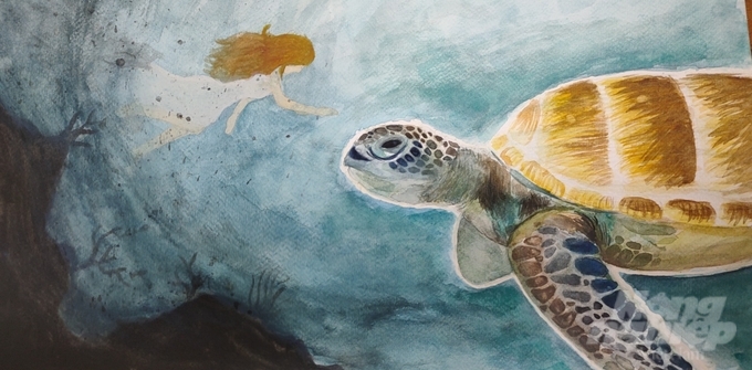 Một tác phẩm tham dự cuộc thi vẽ tranh với chủ đề 'Bảo tồn biển, bảo vệ các loài thủy sản nguy cấp, quý, hiếm vì thế hệ mai sau'.
