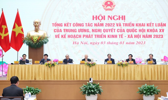 Các đồng chí lãnh đạo Đảng, Nhà nước dự Hội nghị. Ảnh: VGP/Nhật Bắc.