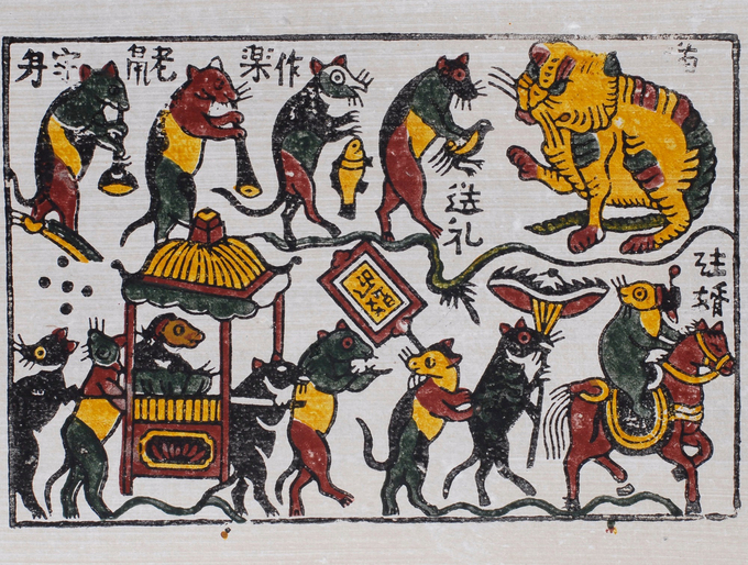 Hình ảnh mèo xuất hiện trong bức tranh dân gian Đông Hồ 'Đám cưới chuột'.