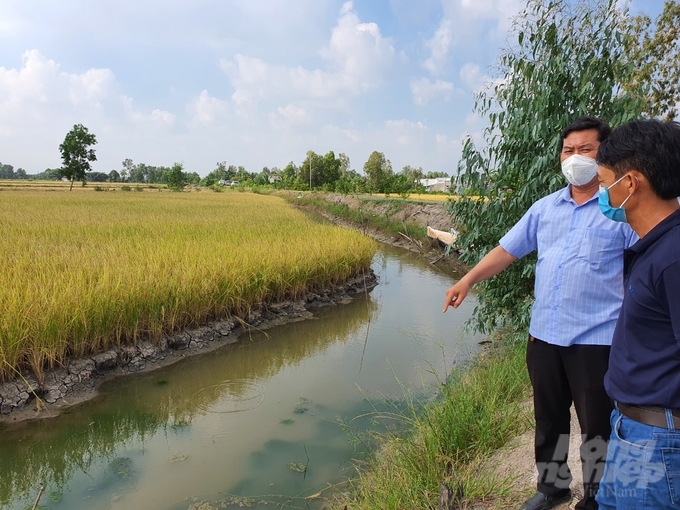 Ông Huỳnh Thanh Toàn, Trưởng phòng Kinh tế TX Giá Rai thăm mô hình lúa tôm tại xã Phong Thạnh Đông. Ảnh: Trọng Linh.