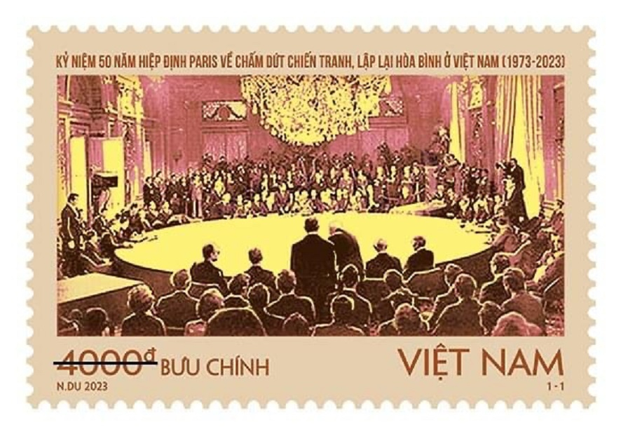 Mẫu tem 'Kỷ niệm 50 năm Hiệp định Paris về chấm dứt chiến tranh, lập lại hòa bình ở Việt Nam (1973-2023)'.