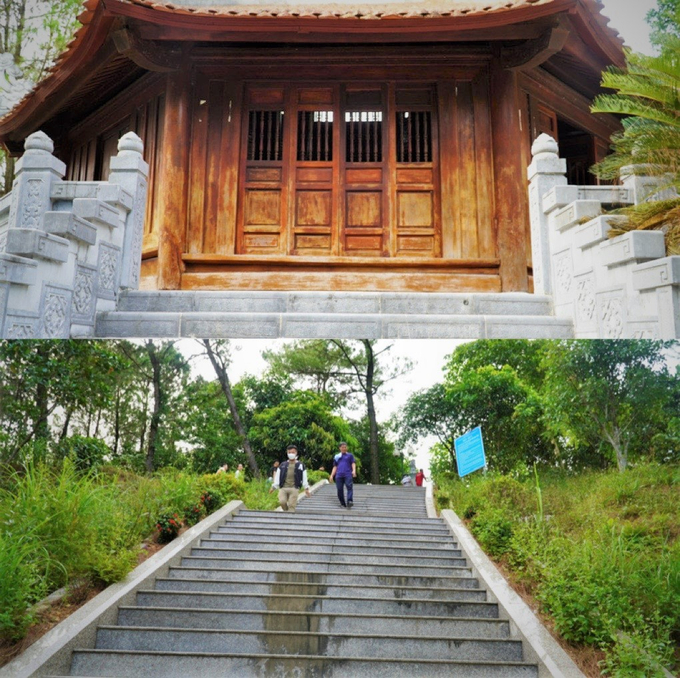 Lối lên, hàng rào bao quanh đền được ốp, lát đá xanh. Bề mặt đá có chạm khắc hoa văn hình hoa sen.
