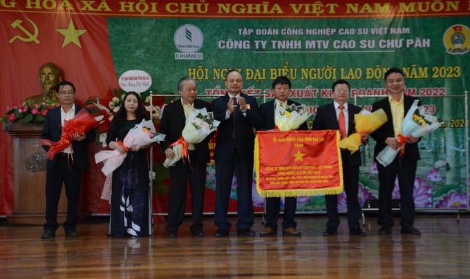 Ông Dương Mai Tiệp, Phó Chủ tịch UBND tỉnh Gia Lai tặng Cờ thi đua của tỉnh cho công ty. Ảnh: V.V.