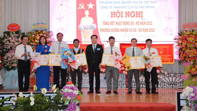 Các cá nhân có thành tích xuất sắc được nhận bằng khen của Tập đoàn Công nghiệp Cao su Việt Nam. Ảnh: N.T.