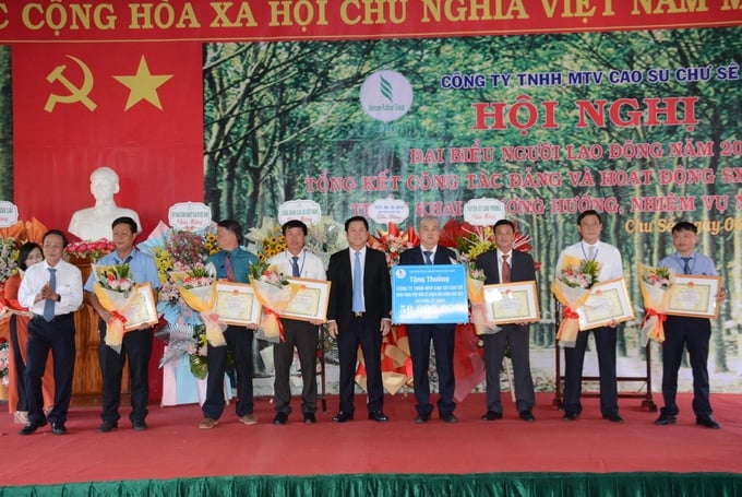 Các cá nhân có thành tích xuất sắc nhận bằng khen của Tập đoàn Công nghiệp Cao su Việt Nam. Ảnh: N.T.