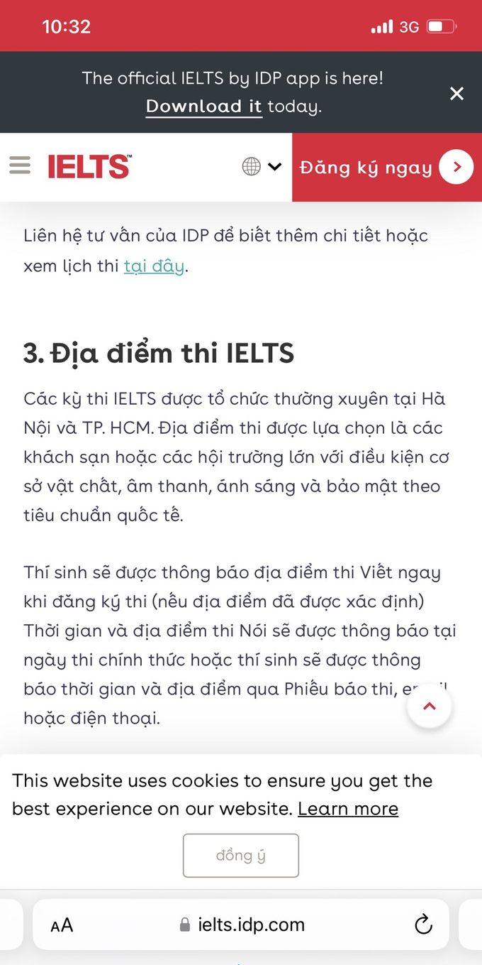 Địa điểm thi tại các khách sạn, hội trường lớn được quảng bá trên website của IDP Việt Nam.