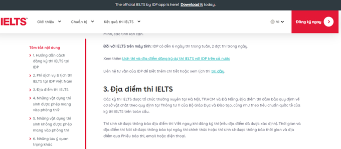 Địa điểm thi IELTS trên website IDP Việt Nam cập nhật ngày 10/2/2023.