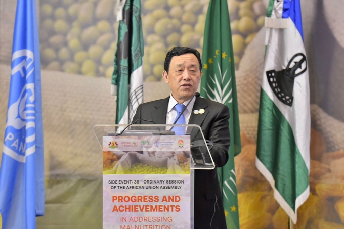 FAO Director-General QU Dongyu speaks at 36th ordinary session of the Assembly of the African Union in Addis Ababa, Ethiopia.