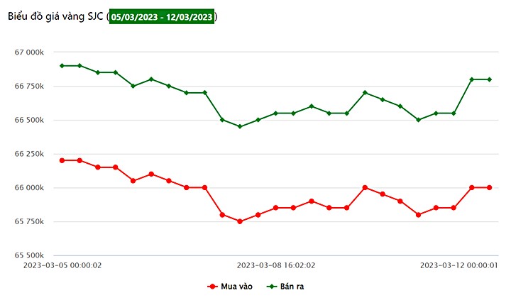 Giá vàng trong nước tuần này tại Công ty SJC (từ ngày 5/3 - 12/3/2023)