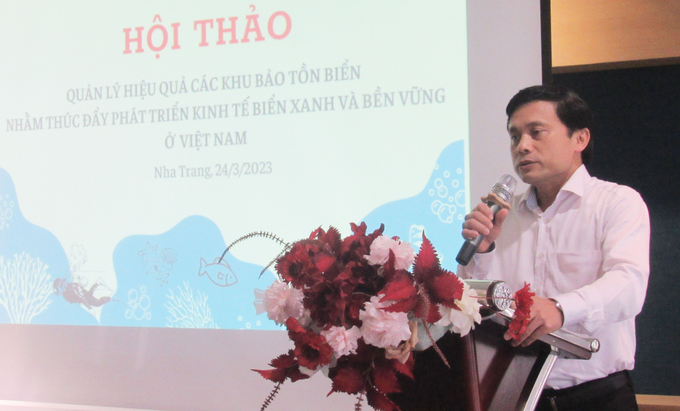 Ông Lê Trần Nguyên Hùng, Phó vụ trưởng phụ trách Vụ bảo tồn và phát triển nguồn lợi thủy sản phát biểu tại hội nghị. Ảnh: N.T.