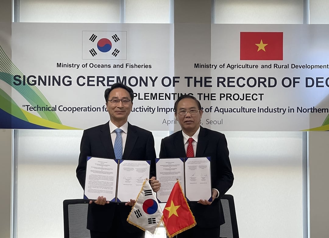 Bộ NN-PTNT và Bộ Thủy sản và Đại dương Hàn Quốc đã ký kết Biên bản Thỏa thuận về dự án hỗ trợ ODA 'Hợp tác kỹ thuật nâng cao năng suất ngành nuôi trồng thủy sản miền Bắc Việt Nam' (2022-2026). Ảnh: Thanh Thủy.