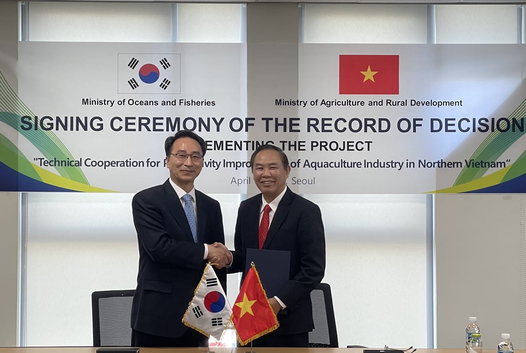 Thứ trưởng NN-PTNT Phùng Đức Tiến (phải) làm việc với ông Woo Dong Sik Thứ trưởng Bộ Thủy sản và Đại dương Hàn Quốc, Chủ tịch Viện Khoa học Thủy sản Hàn Quốc ngày 3/4. Ảnh: Thanh Thủy.
