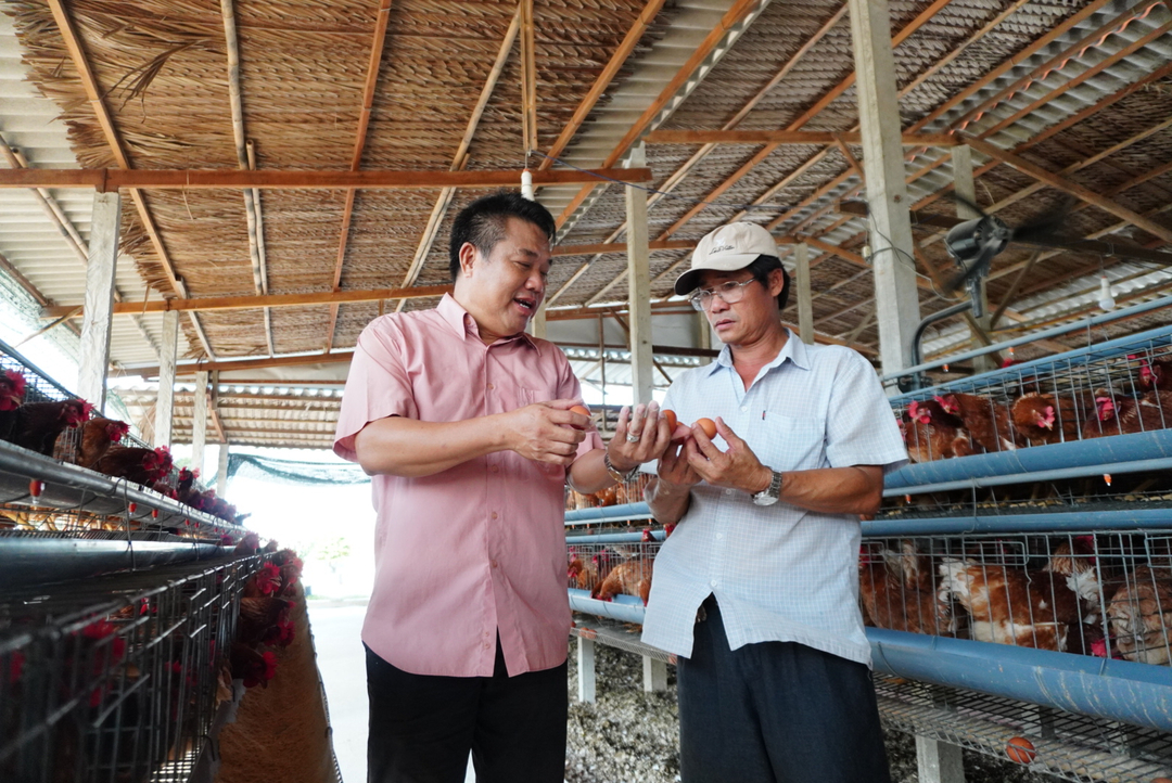 Anh Nguyễn Văn Cưng đang chia sẻ kinh nghiệm chăn nuôi gà đẻ với người dân tại Cần Đước, Long An.