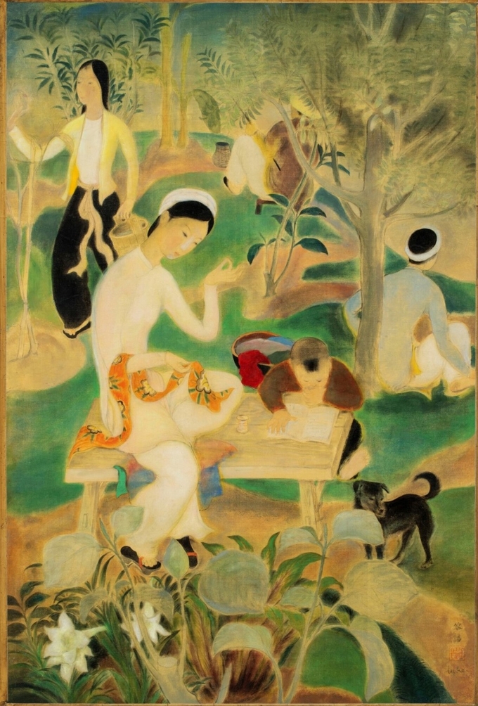 Tác phẩm 'Gia đình ở ngoài vườn' của họa sĩ Lê Phổ.