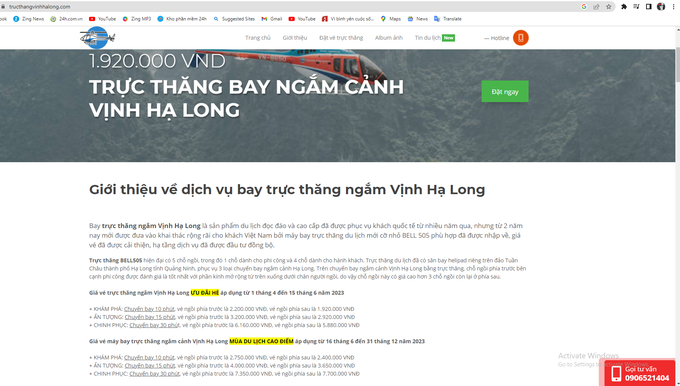 Trang giới thiệu về du lịch bằng trực thăng bay ngắm cảnh vịnh Hạ Long.