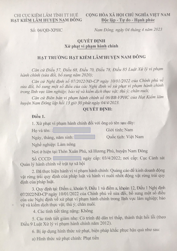 Quyết định xử phạt hành chính của Hạt Kiêm lâm Nam Đông. Ảnh: KLH.