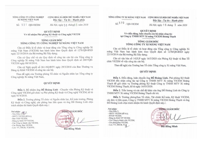 Quyết định Bổ nhiệm và Quyết định Điều động ông Đỗ Hoàng Linh của Vicem Việt Nam