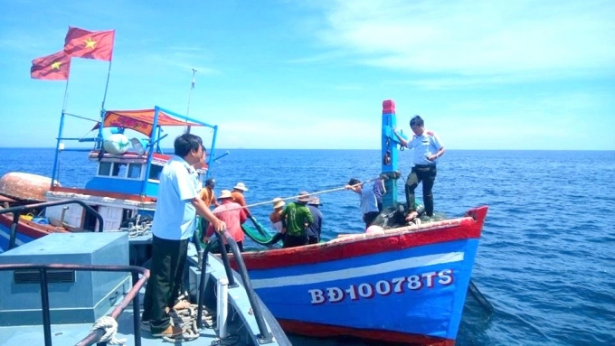 Lực lượng chức năng kiểm tra việc thực thi pháp luật về chống khai thác IUU của tàu cá Bình Định. Ảnh: TL.