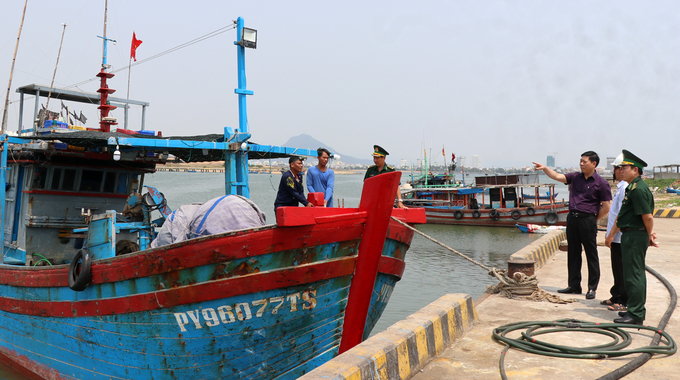Representatives from the Directorate of Fisheries performing inspection at Dong Tac fishing port, Tuy Hoa city, Phu Yen province. Photo: Kim So.