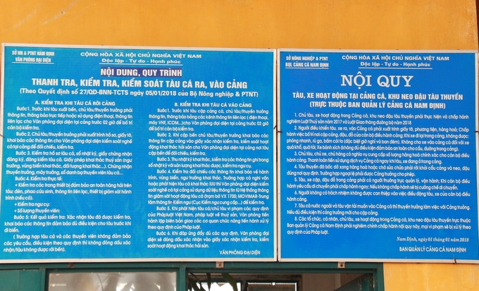 Nội quy kiểm soát hoạt động tàu cá tại Cảng cá Nam Định. Ảnh: Mai Chiến.