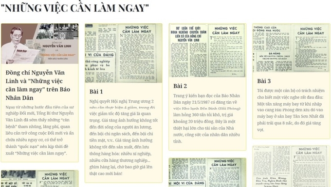 Chuyên mục 'Những việc cần làm ngay' của Trang thông tin đặc biệt số hóa kho tư liệu đặc biệt với 31 bài báo của đồng chí Nguyễn Văn Linh đăng trên Báo Nhân Dân trong chuyên mục Những việc cần làm ngay (số đầu tiên 25/5/1987, số cuối cùng 28/9/1990).