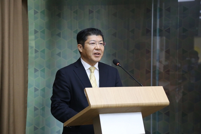 Ông Tsutomu Nara - Tổng Giám đốc công ty Ajinomoto Việt Nam - phát biểu trong buổi ra mắt giới thiệu mô hình triết lý mới của Ajinomoto.