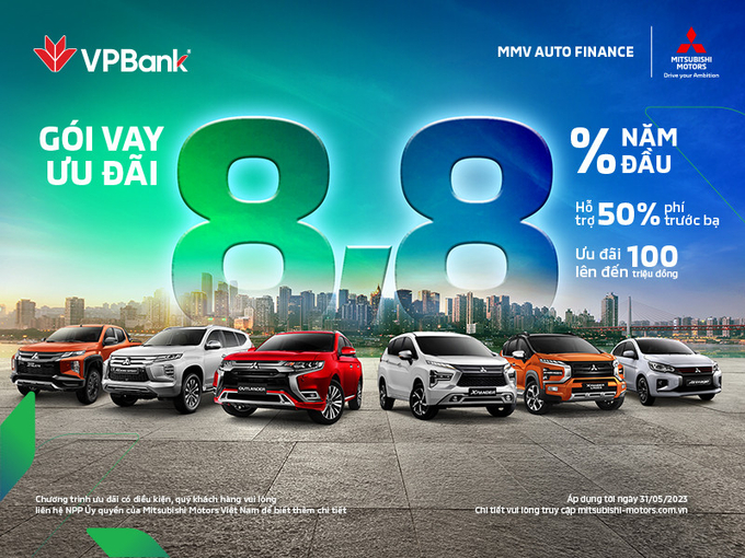 VPBank và Mitsubishi Motor Vietnam triển khai chương trình ưu đãi đặc biệt cho khách hàng vay mua ô tô với lãi suất chỉ 8,8%/năm, tỷ lệ vay lên tới 85% giá trị xe. Ảnh: VPBank.