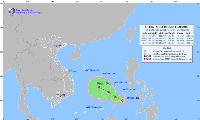 Vùng áp thấp ở khu vực miền Trung Philippine đã mạnh lên thành áp thấp nhiệt đới. Ảnh: NCHMF.