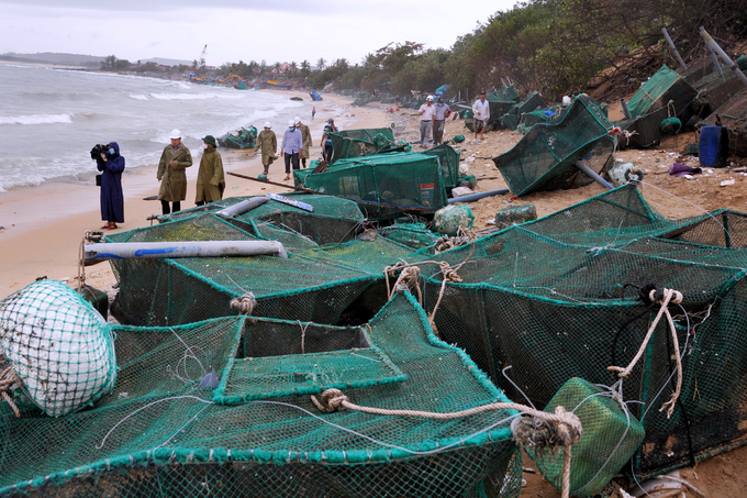 Lồng bè nuôi tôm hùm ở huyện Tuy An bị sóng biển đánh dạt vào bờ. Ảnh: Kim Sơ.