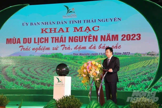 Ông Nguyễn Thanh Bình - Phó Chủ tịch UBND tỉnh Thái Nguyên phát biểu tại lễ khai mạc Mùa du lịch Thái Nguyên 2023. Ảnh: Toán Nguyễn.