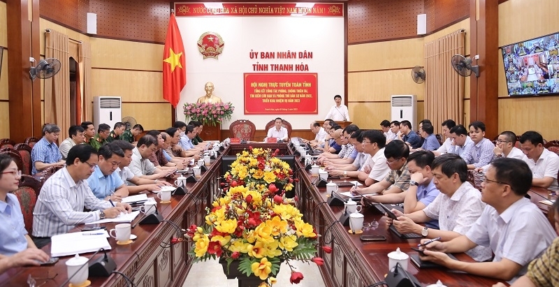 Toàn cảnh hội nghị tổng kết công tác phòng, chống thiên tai, tìm kiếm cứu nạn và phòng thủ dân sự năm 2022 tại trụ sở UBND tỉnh Thanh Hóa. Ảnh: Việt Khánh.
