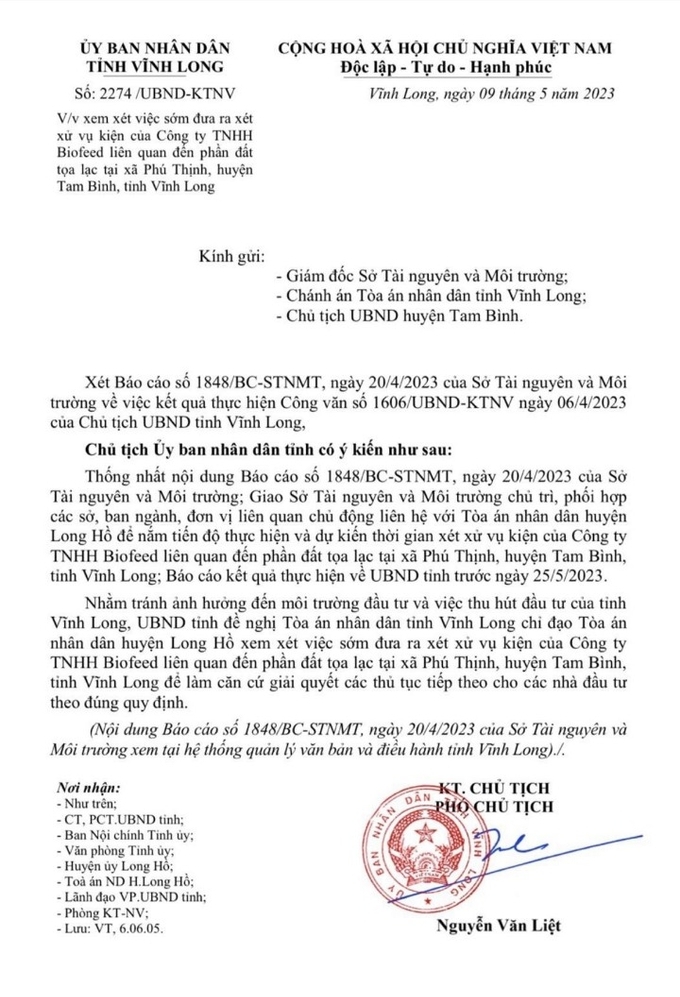 Chủ tịch UBND tỉnh Vĩnh Long có ý kiến đề nghị Toà án huyện Long Hồ sớm xét xử vụ kiện của Công ty TNHH Biofeed liên quan phần đất của toạ lạc tại xã Phú Thịnh, huyện Tam Bình, tỉnh Vĩnh Long tránh ảnh hưởng đến môi trường đầu tư của tỉnh.
