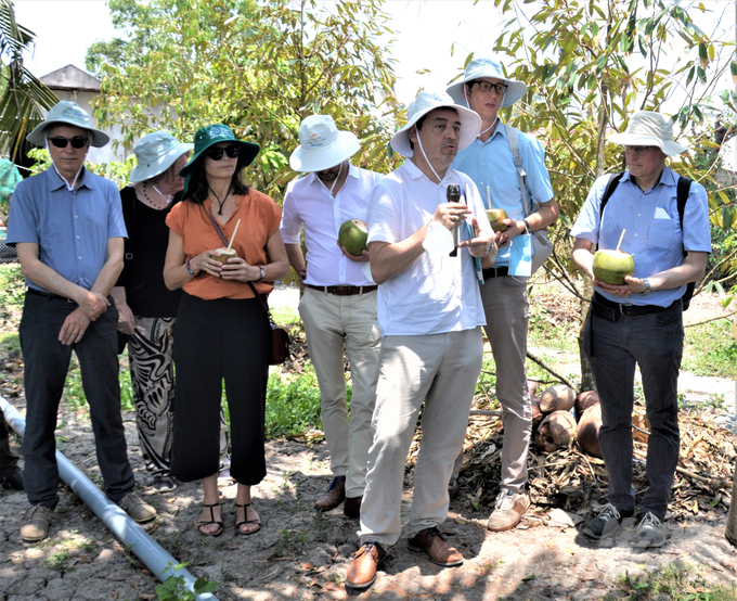 Dr. Andreas Foerster (3rd from right) asked the leader of Channel 7A Cooperative about SRP rice production, how to sell rice internationally, and solutions to retain young people in farming. Karma. Photo: Trung Chanh.