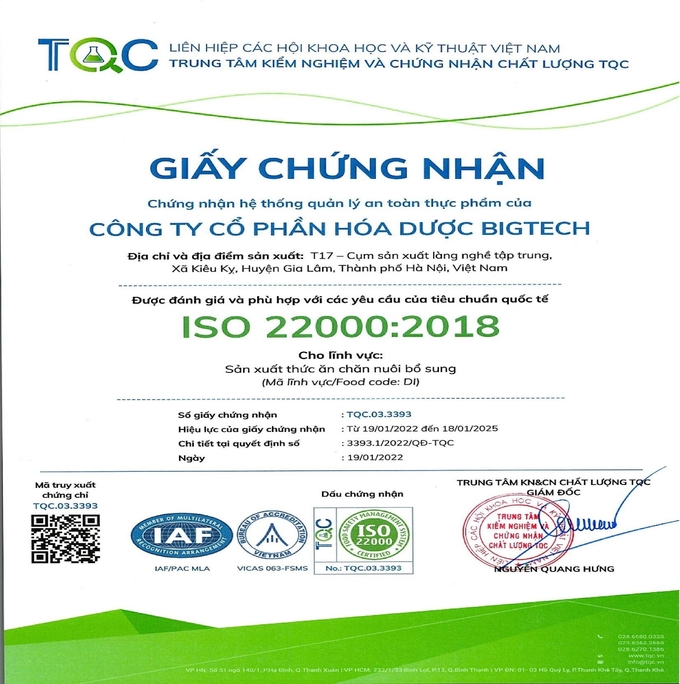 Giấy chứng nhận đạt ISO tiêu chuẩn quốc tế Công ty Cổ phần Dược hóa BIGTECH