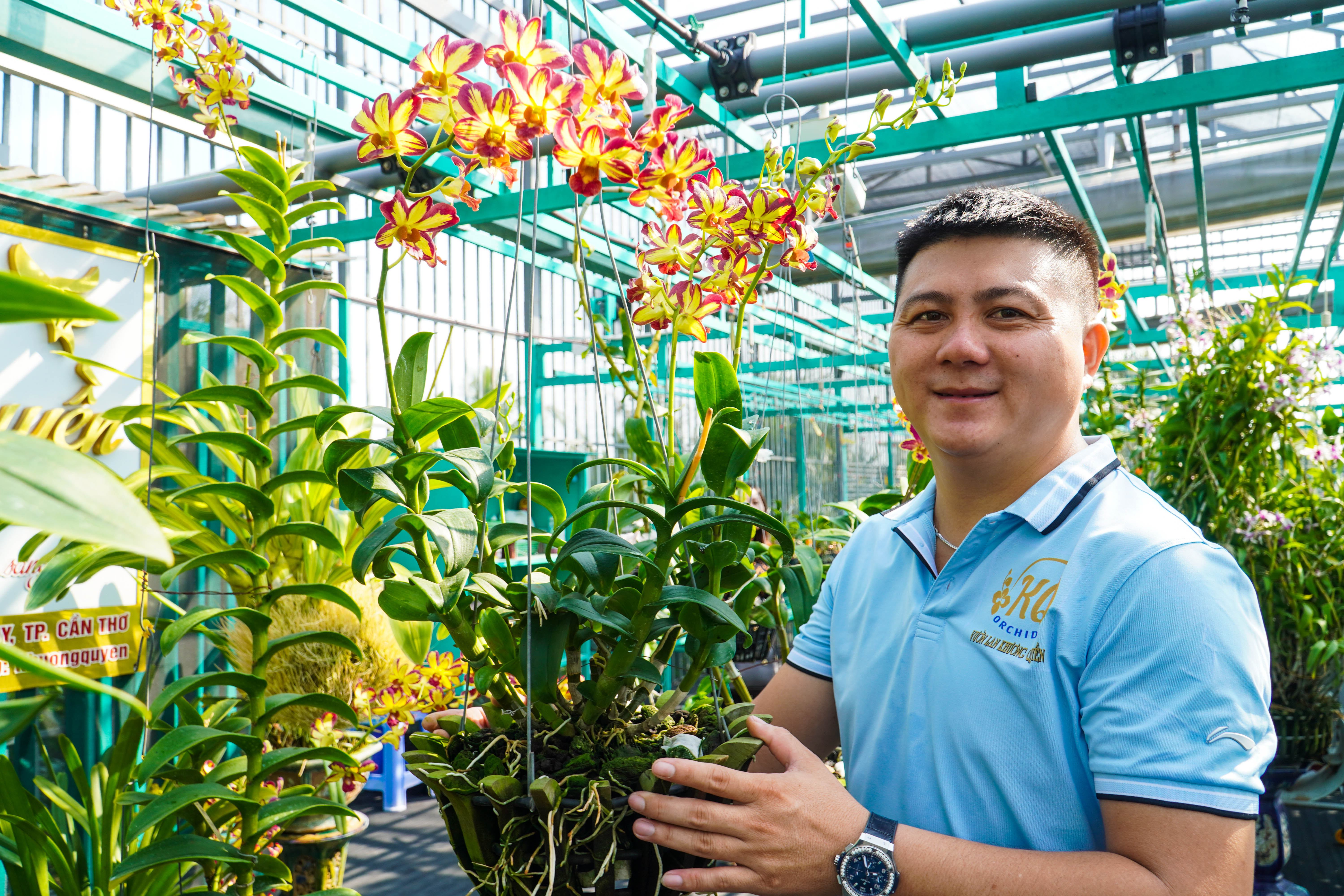 Hiện anh Quyền đang sở hữu khoảng 5.000 chậu hoa lan với hơn 50 loài từ lan rừng truyền thống, lan hồ điệp cho đến các dòng lan Dendro đang có sức hút cao trên thị trường. Ảnh: Kim Anh.