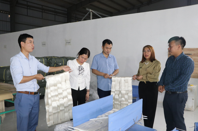 Ông Vũ Xuân Trường (bìa phải), Giám đốc Công ty Cổ phần Dâu tằm tơ Yên Bái kiểm tra sản phẩm tơ tằm xuất khẩu sang thị trường Ấn Độ. Ảnh: Thanh Tiến.