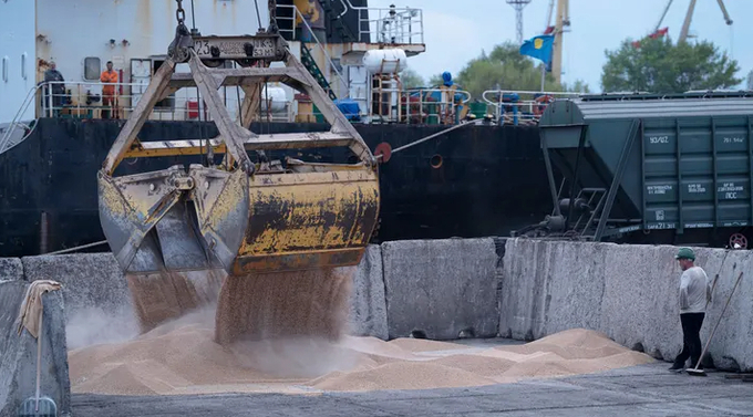 Workers load grain at a grain port in Izmail, Ukraine, on April 26, 2023. Photo: AP/Andrew Kravchenko .