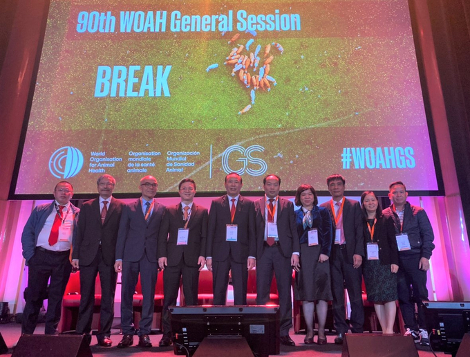 Deputy Minister Phung Duc Tien (middle) and the Vietnamese representatives at the 90th Annual General Session of the World Organization for Animal Health.