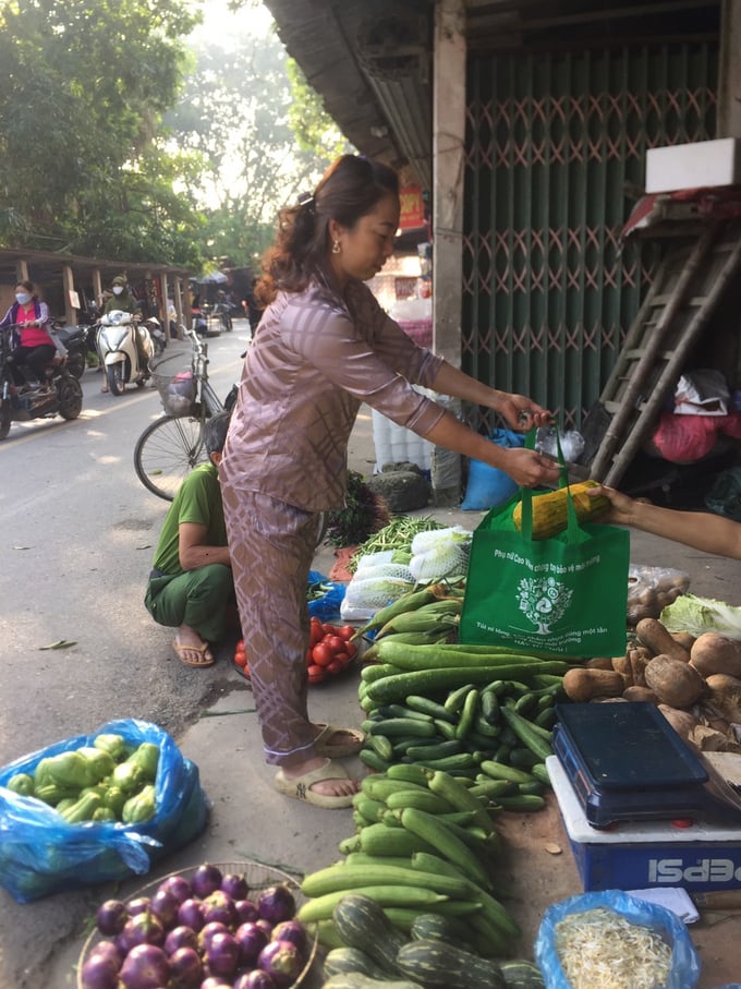 Nhiều phụ nữ Thanh Oai đã dùng túi vải để đi chợ. Ảnh: Tư liệu.