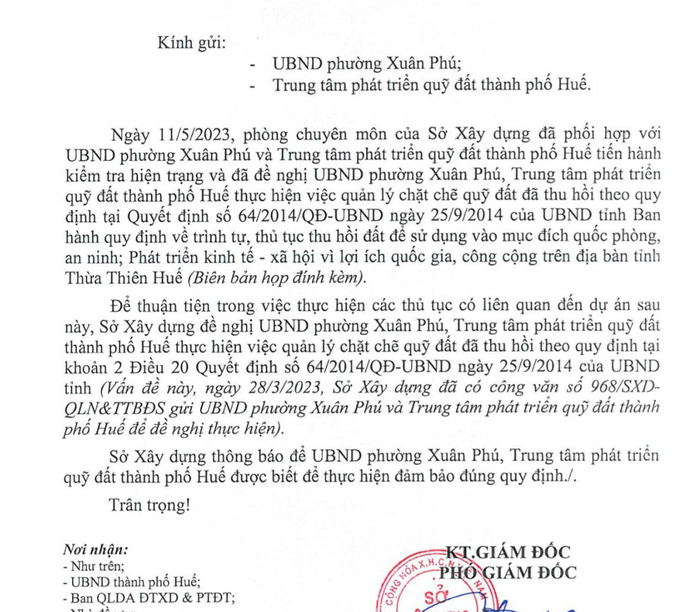 Văn bản chỉ đạo của Sở Xây dựng tỉnh Thừa Thiên - Huế đối với Dự án Khu dân cư tại khu quy hoạch LK8, LK9, CX11 và CC5, thuộc Khu A - Đô thị mới An Vân Dương.