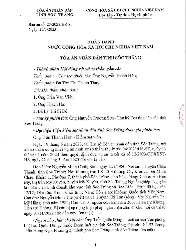 Bản án số 23/2023/HS-ST ngày 19/5/2023 của TAND tỉnh Sóc Trăng. Ảnh: Đức Trung.