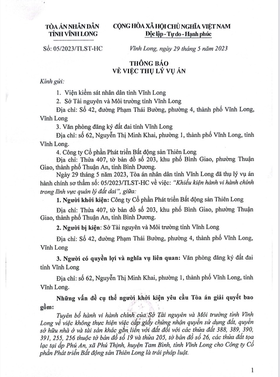 Thông báo thụ lý vụ án Công ty Thiên Long khởi kiện Sở Tài nguyên và Môi trường Vĩnh Long.