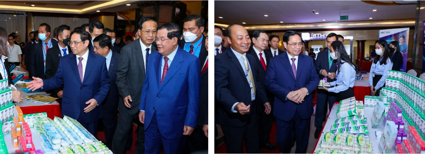 Prime Minister Pham Minh Chinh visits Angkormilk's booth at the Vietnam - Cambodia Trade and Investment Promotion Forum 2022.