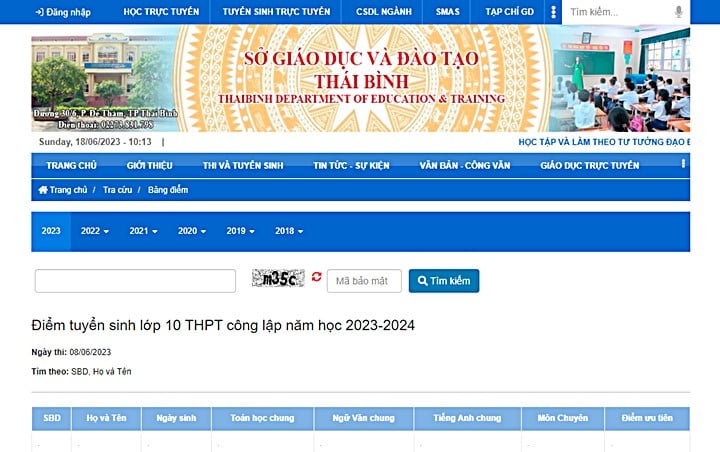 Trang tra cứu điểm thi vào lớp 10 năm 2023 tại tỉnh Thái Bình