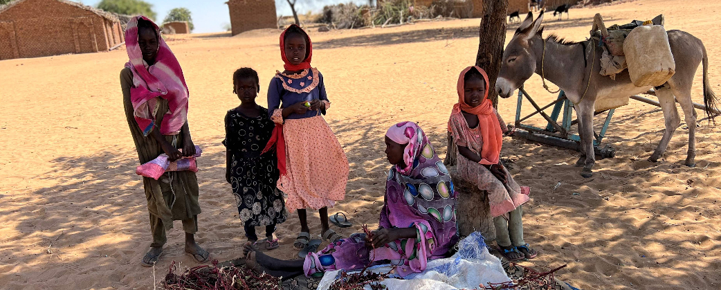 A beneficiary of a FAO seed distribution activity in 2022 in Sudan is sitting outside her house with children in the village of Abu-Delaik in El-Fashir, North Darfur.
