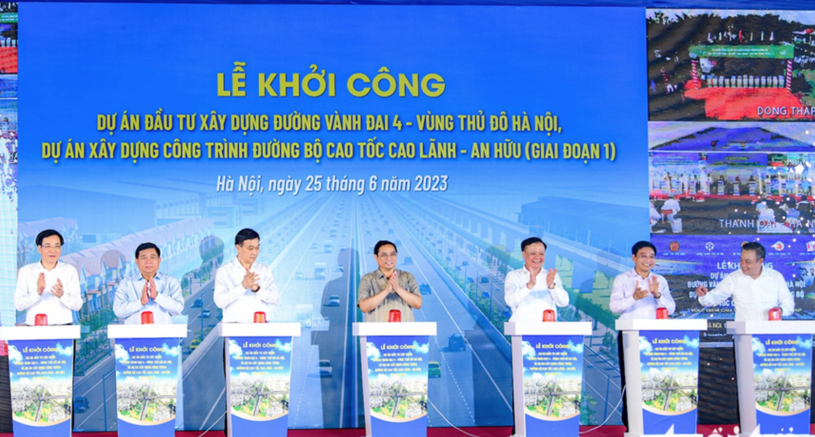 Thủ tướng Phạm Minh Chính cùng các đại biểu nhấn nút khởi công dự án đầu tư xây dựng đường Vành đai 4 - Vùng Thủ đô Hà Nội. Ảnh: Hùng Khang.