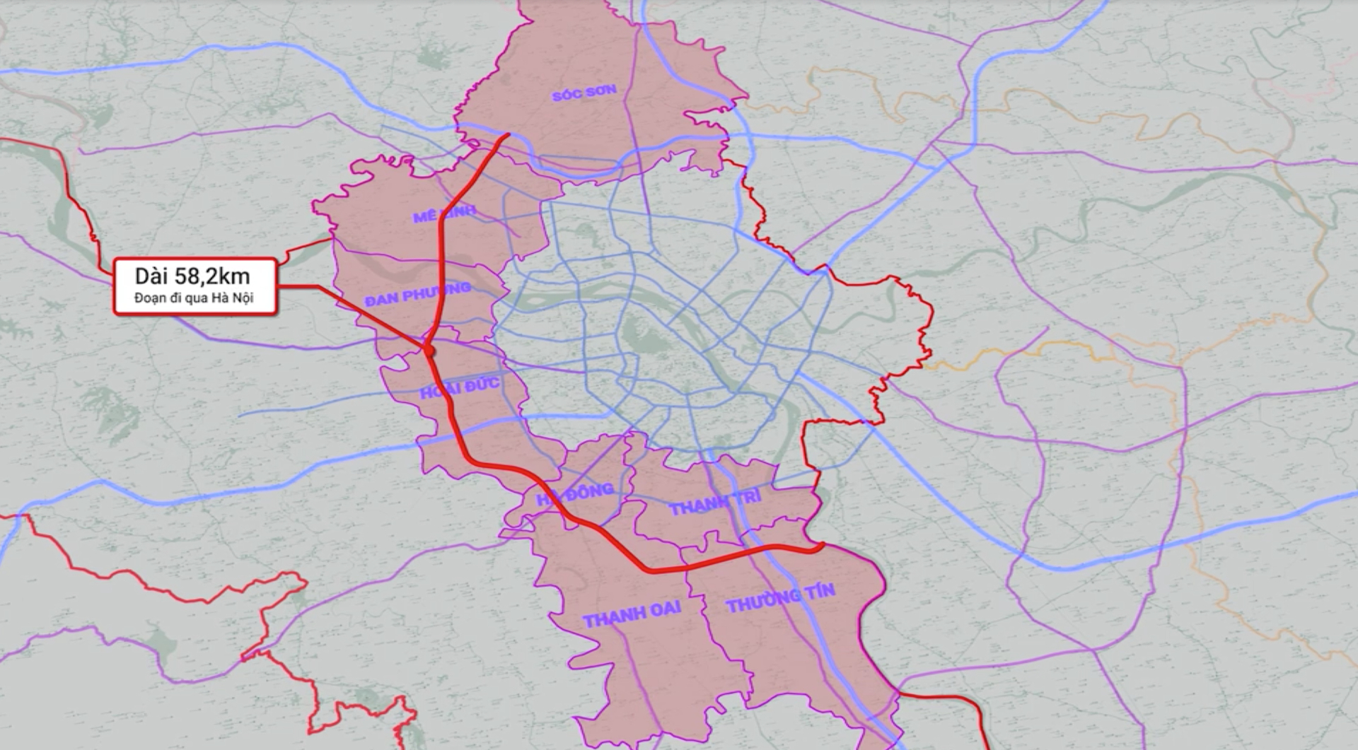 Đường Vành đai 4 đoạn đi qua 7 quận, huyện của thành phố Hà Nội với chiều dài 58,2km. Đồ Họa: Hùng Khang.